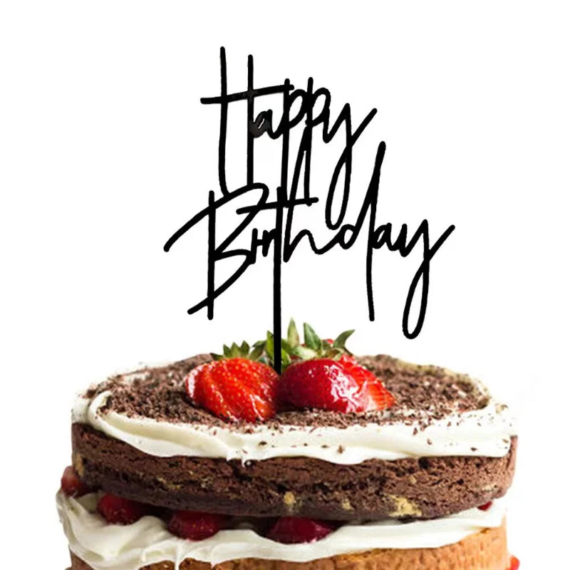New Hand Writing Happy Birthday Cake Topper Black Acrylic Birthday Cake Topper for Kids Birthday Party Supplies Cake Decorations