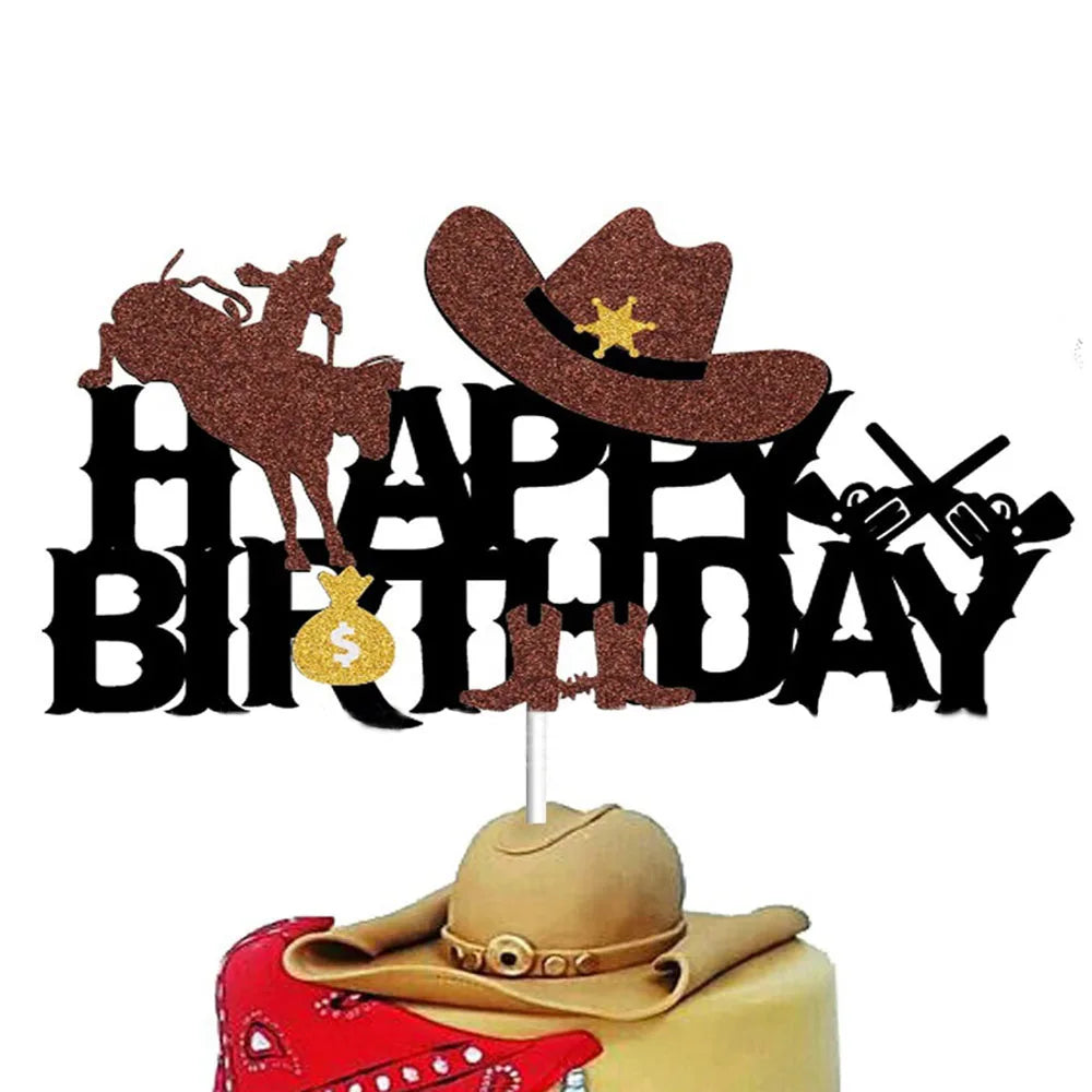 Cowboy Cake Toppers Happy Birthday Cake Decoration Horse Racing Theme Cake Decoartions Boys Girls Birthday Baby Shower Supplies