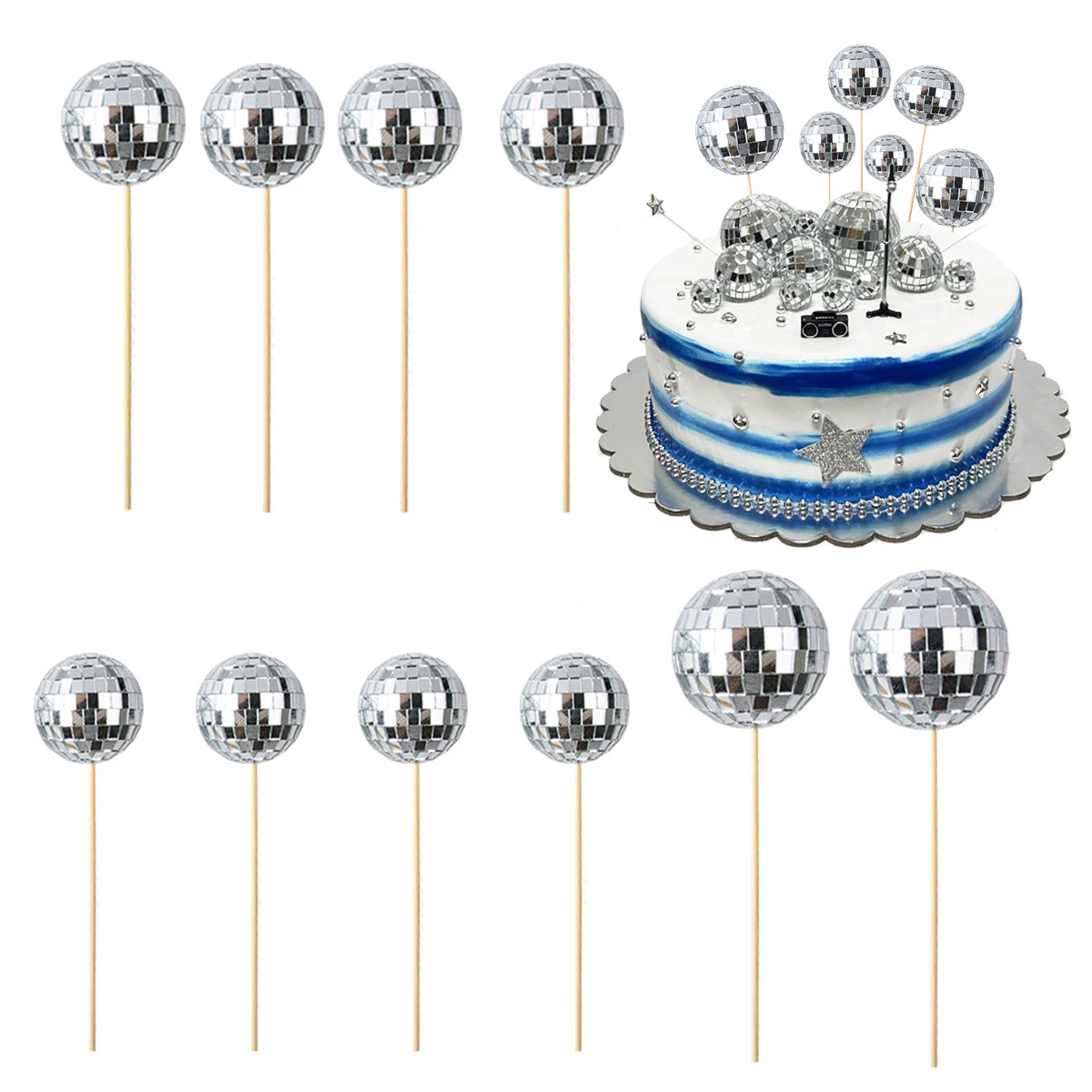 1set Mirror Disco Ball Cake Toppers Disco Ball Birthday Party cake Decorations 70s 80s Retro Disco Themed Dance Party Favors