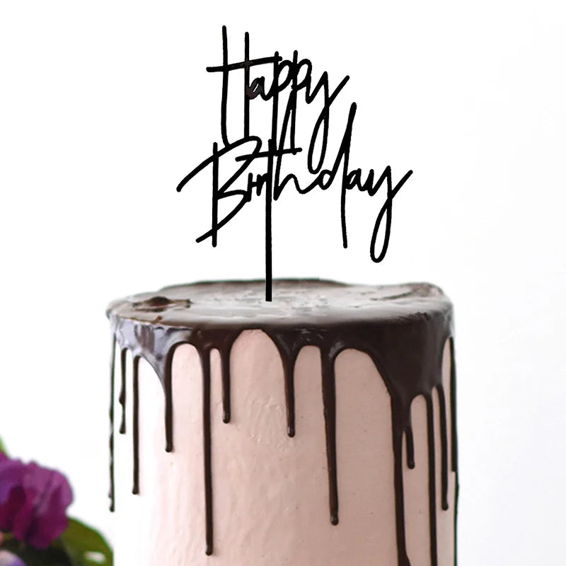 New Hand Writing Happy Birthday Cake Topper Black Acrylic Birthday Cake Topper for Kids Birthday Party Supplies Cake Decorations