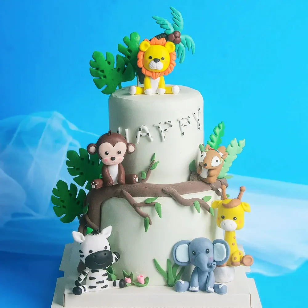 Cartoon Animal Cake Decoration Jungle Safari Lion Monkey Elephant Zebra Giraffe Cupcake Topper Wild Kids Happy Boirthday Party