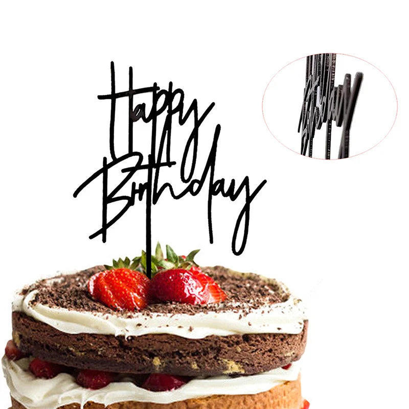 New Hand Writing Happy Birthday Cake Topper Black Acrylic Birthday Cake Topper for Kids Birthday Party Supplies Cake Decorations